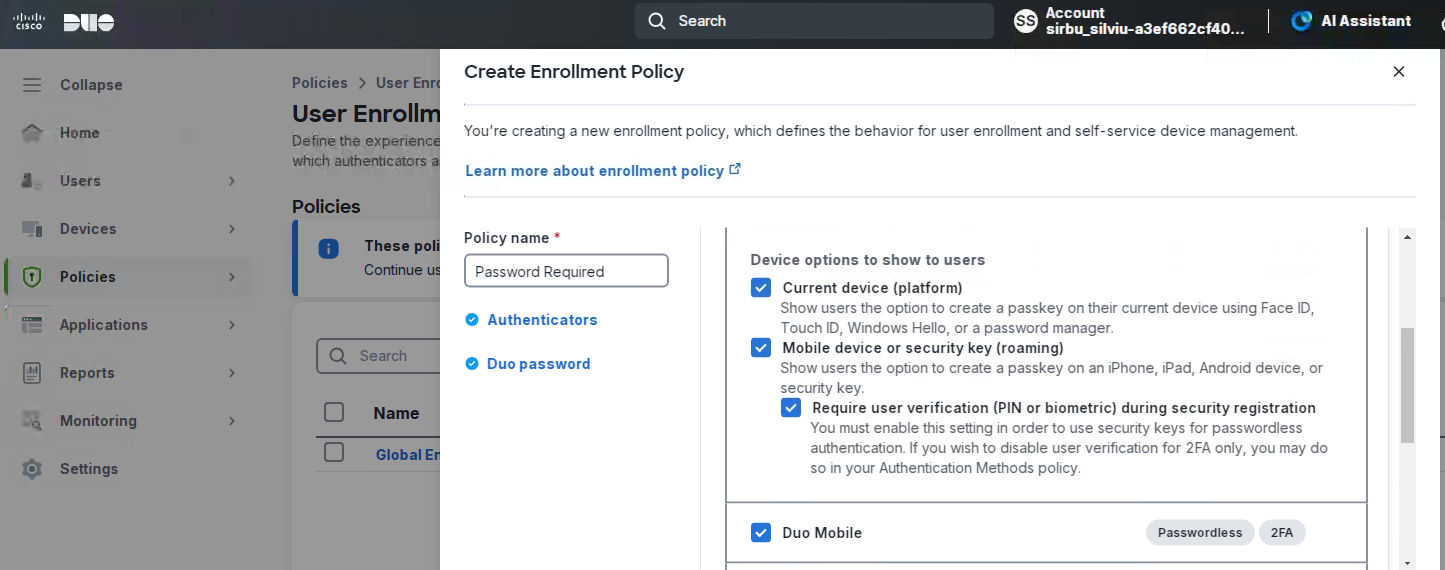 Create a Custom Enrollment Policy in Duo to require passwords for Duo SSO - 1