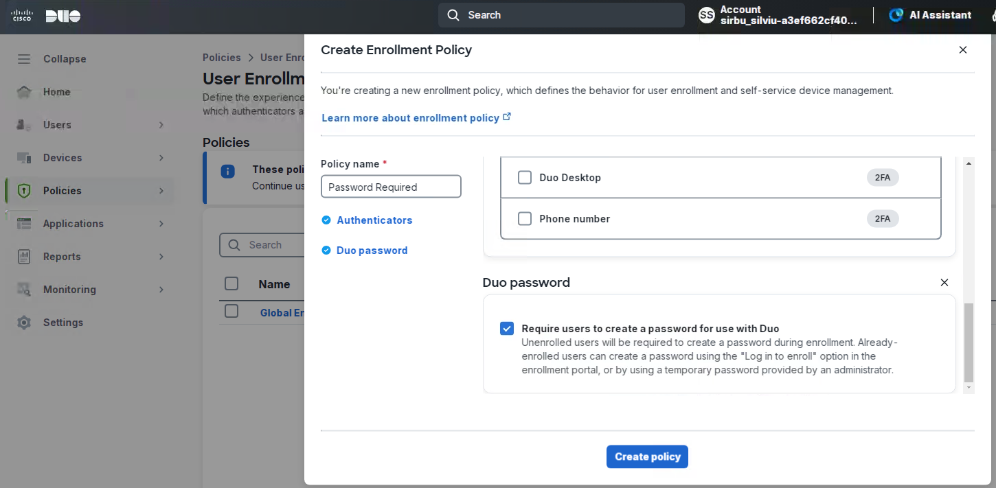 Create a Custom Enrollment Policy in Duo to require passwords for Duo SSO - 2
