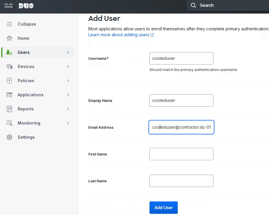 Create and enroll the remote contractor user with complete passwordless (WebAuthn) in Duo - 1