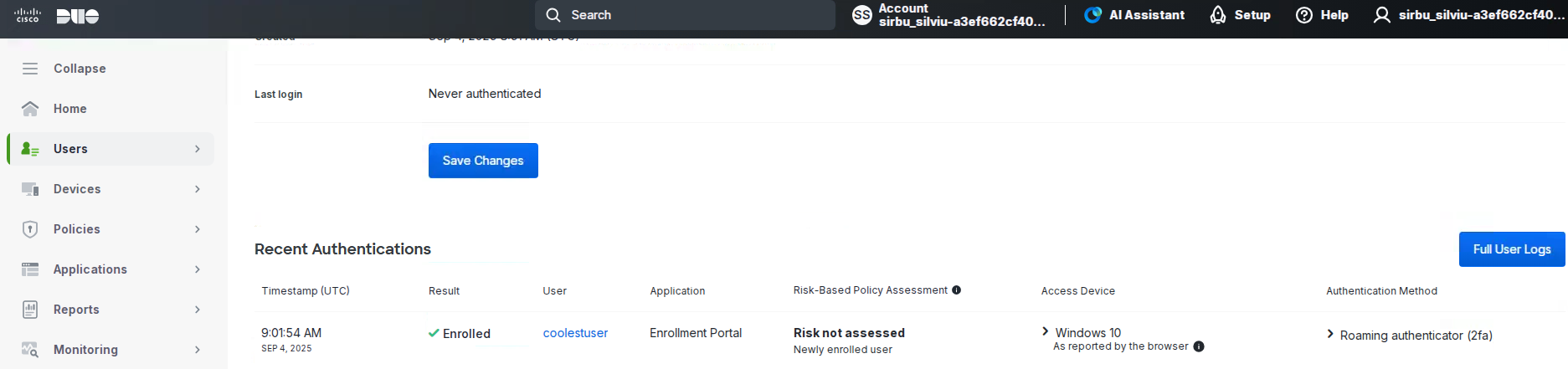 Create and enroll the remote contractor user with complete passwordless (WebAuthn) in Duo - 6