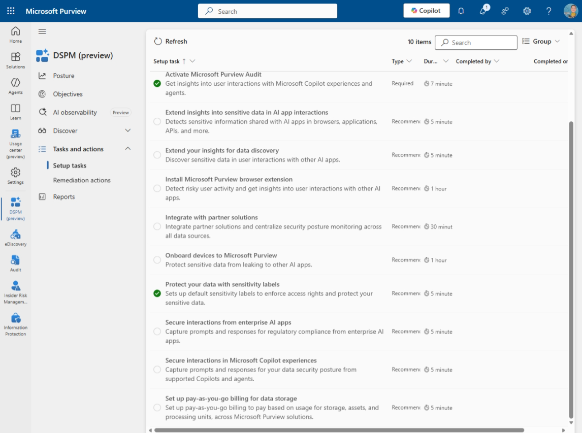 Folosește „Setup tasks” din DSPM ca backlog de implementare
